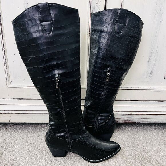 AMS Black Reptile Skin Vegan Leather Tall Knee High Riding Boots - Size 8 - Picture 6 of 10